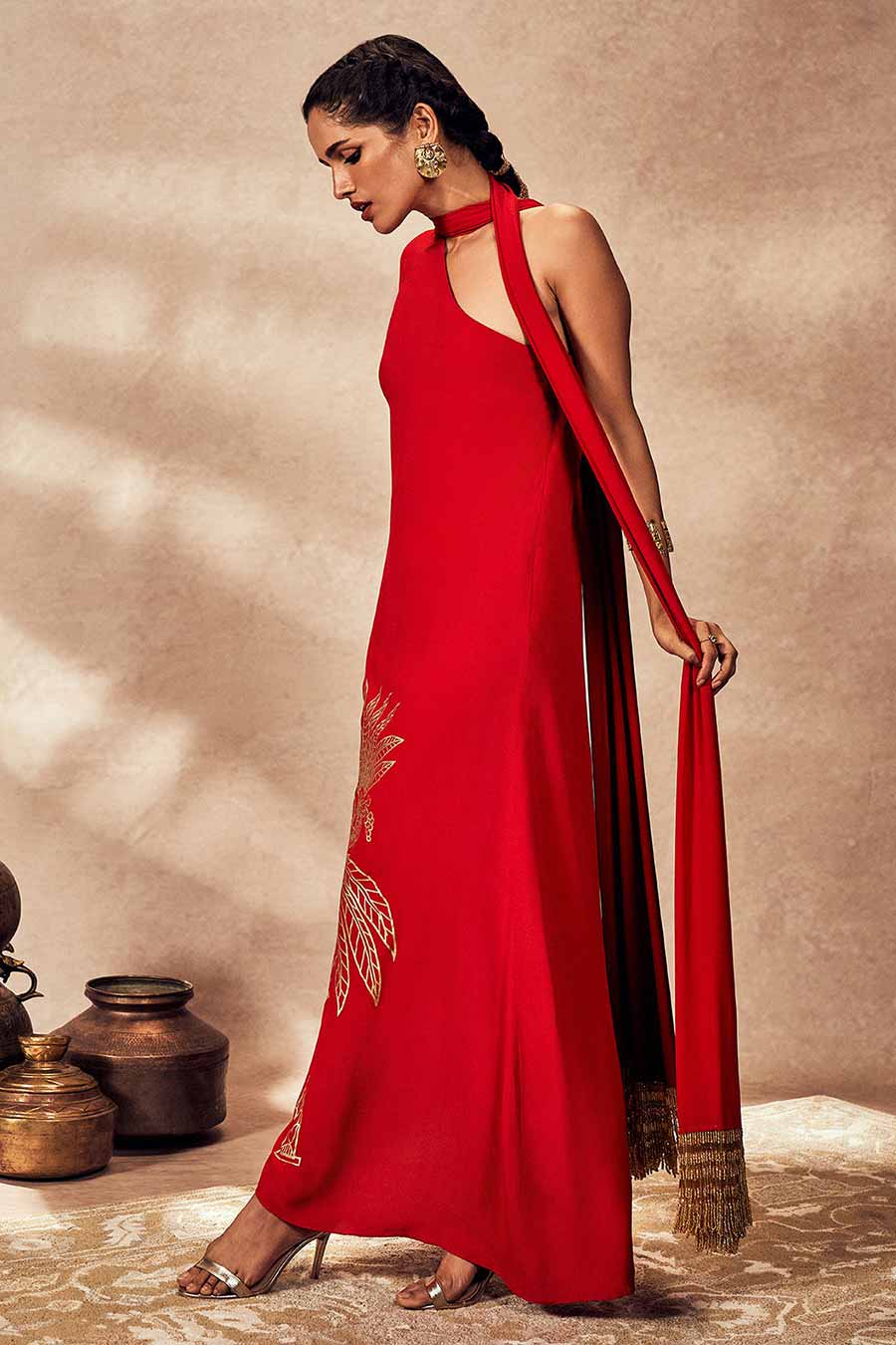 Red Tropical Printed One-Shoulder Kaftan