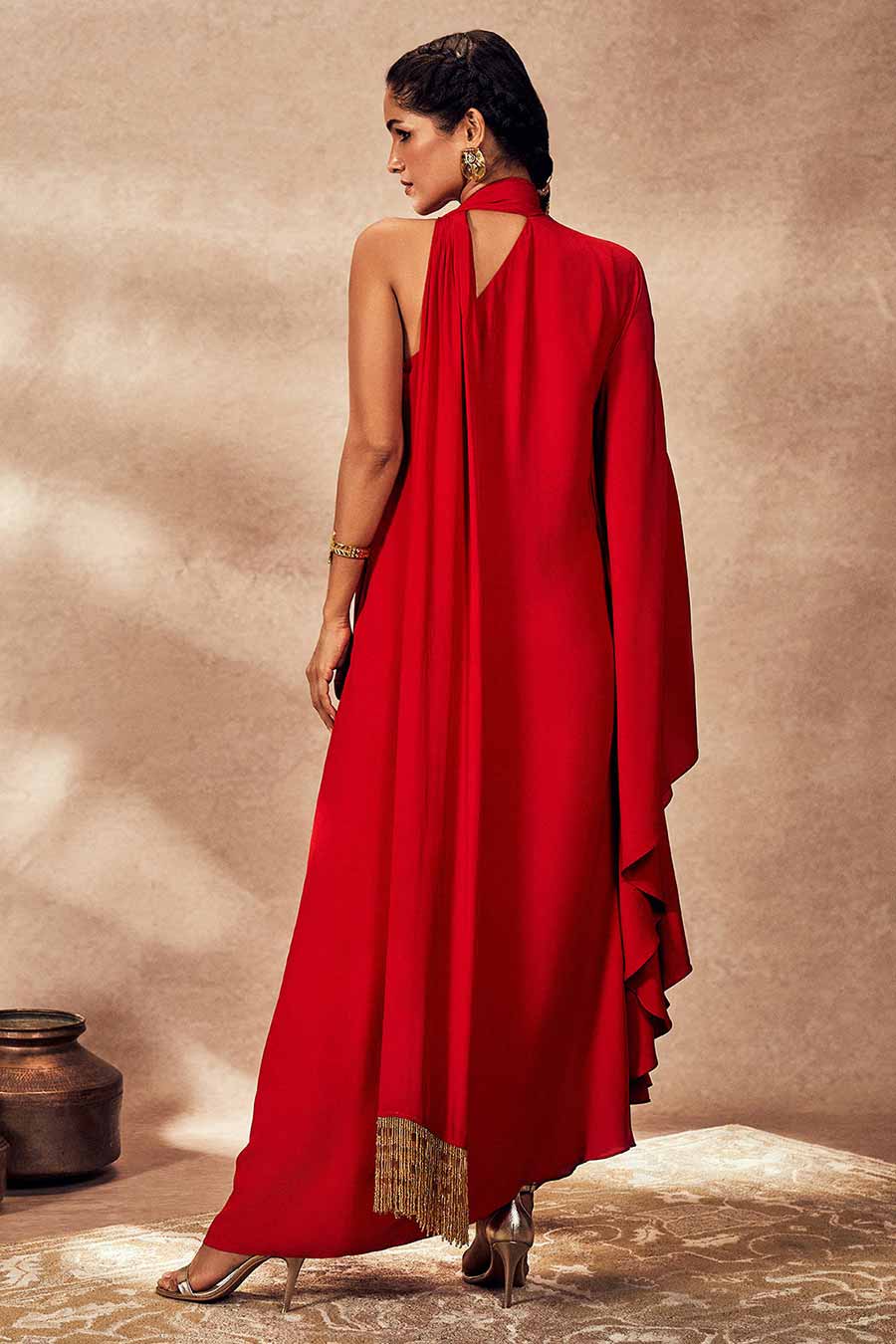 Red Tropical Printed One-Shoulder Kaftan