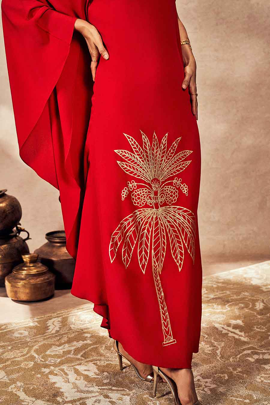 Red Tropical Printed One-Shoulder Kaftan