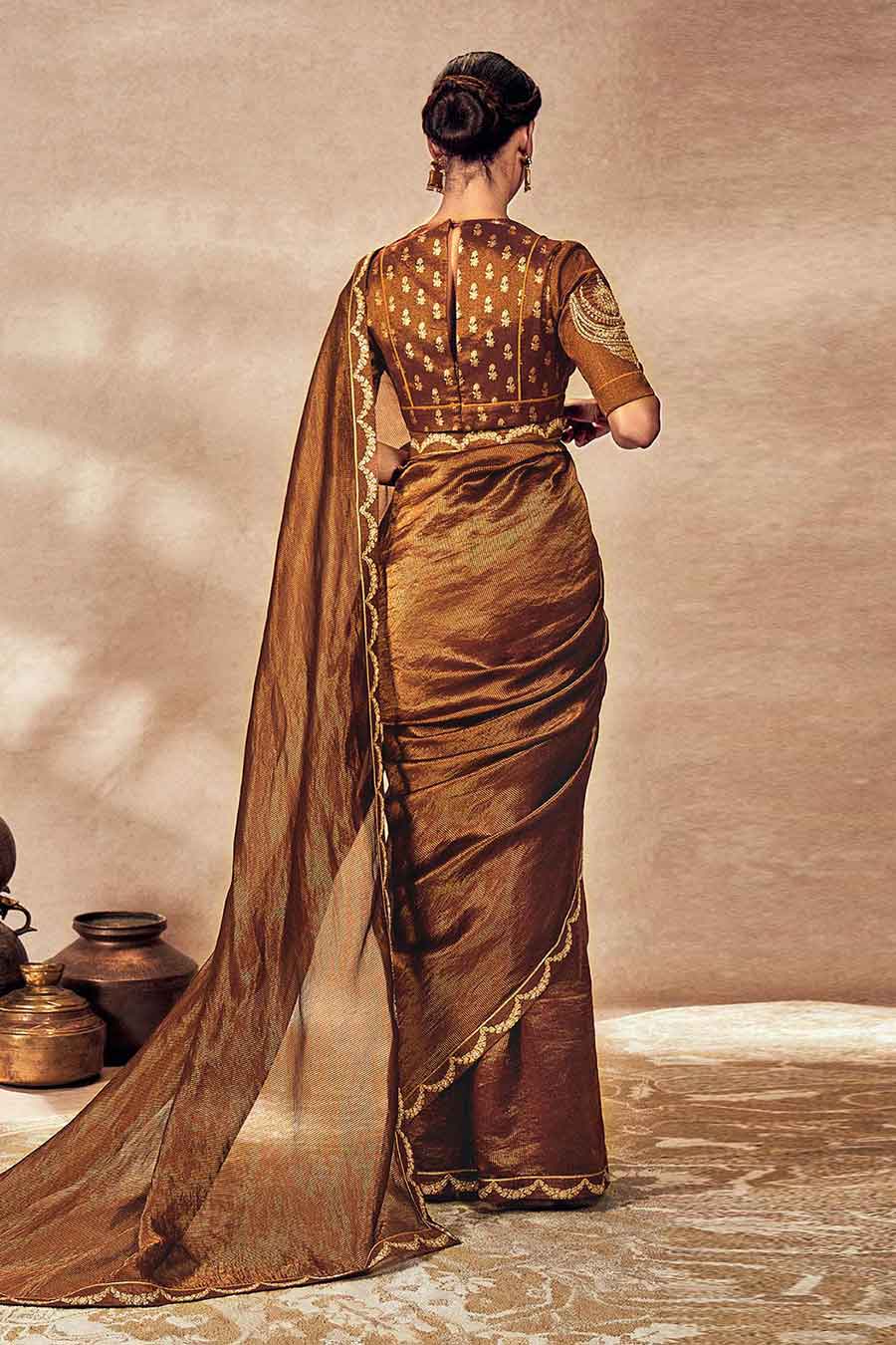 Brown Madakal Tissue Saree With Blouse Piece
