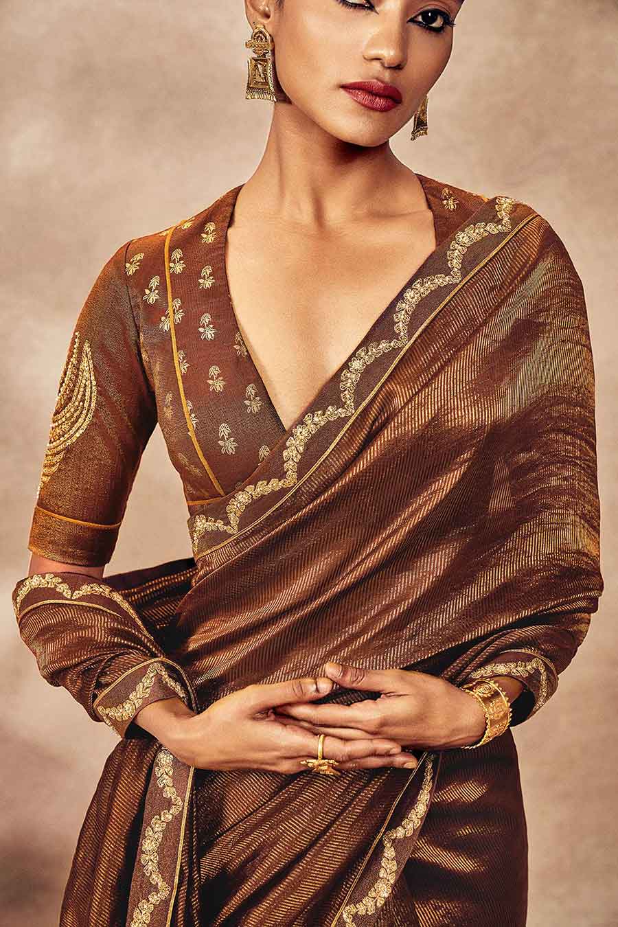Brown Madakal Tissue Saree With Blouse Piece