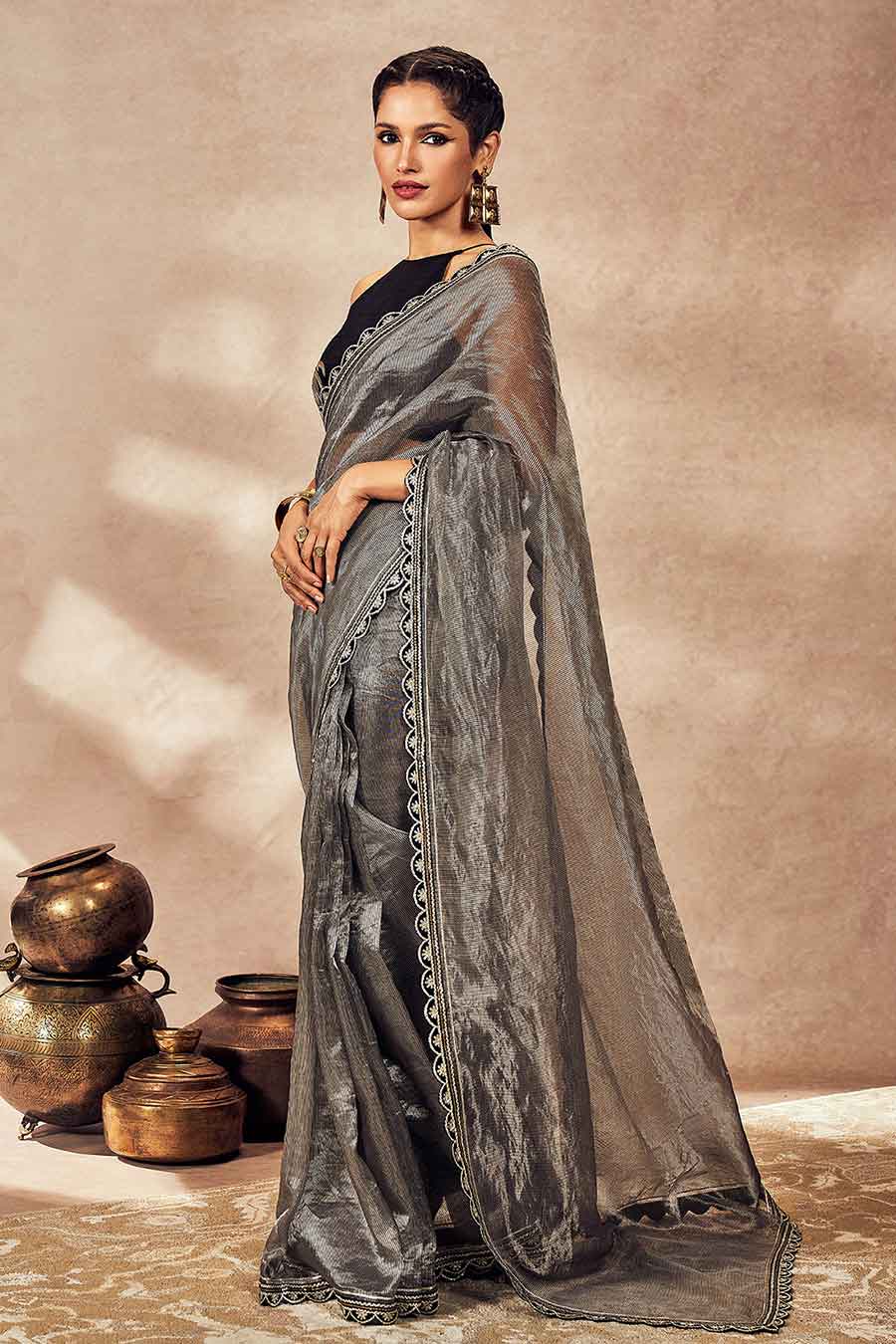 Black Striped Zari Saree With Blouse Piece