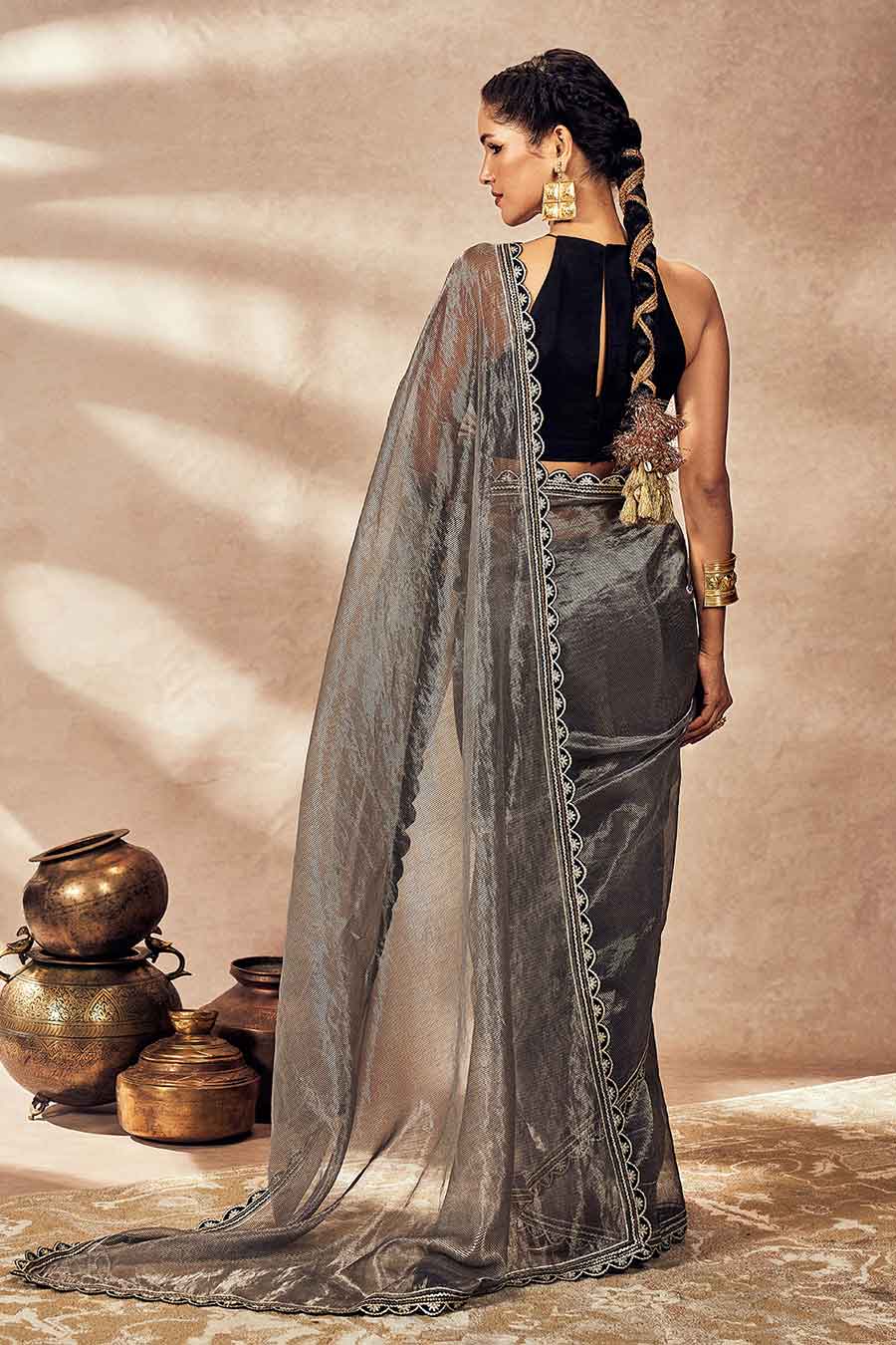 Black Striped Zari Saree With Blouse Piece