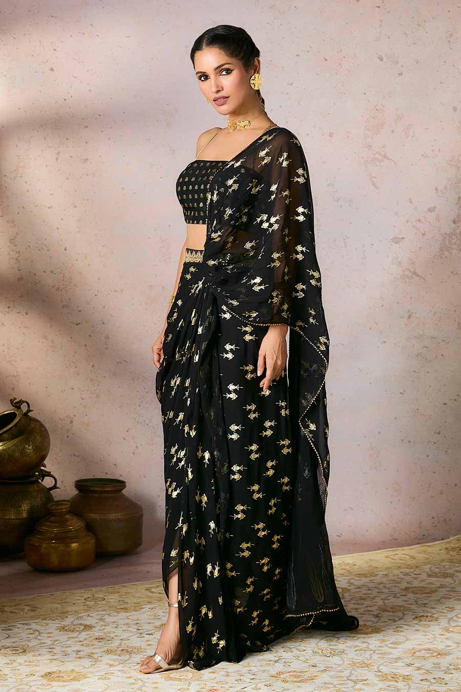 Black Mystic Printed Pre-Draped Saree Set