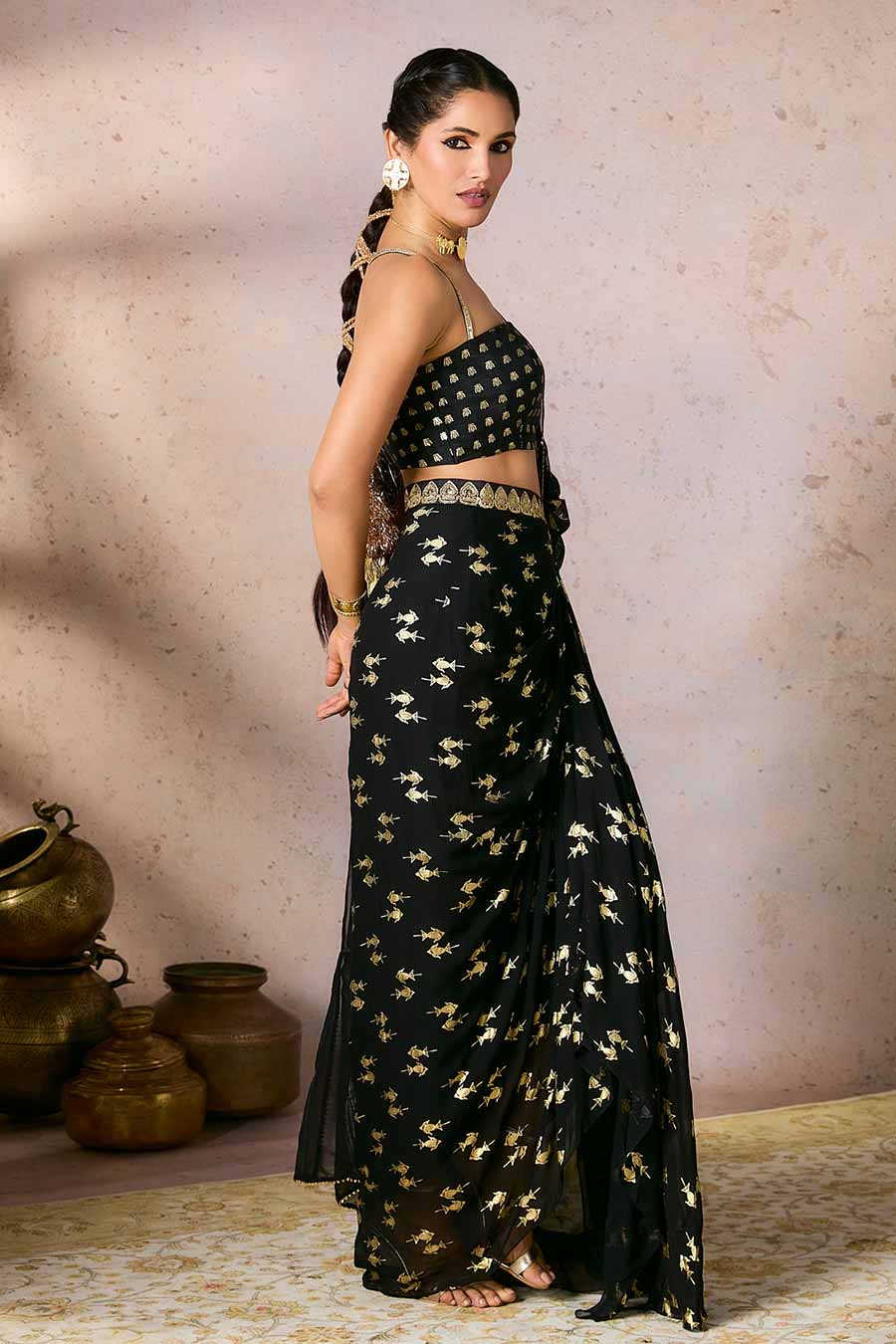 Black Mystic Printed Pre-Draped Saree Set