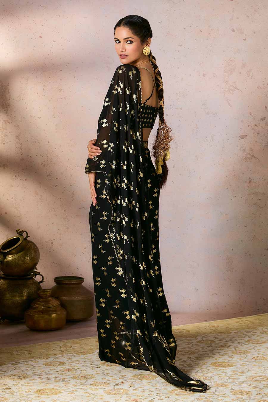 Black Mystic Printed Pre-Draped Saree Set