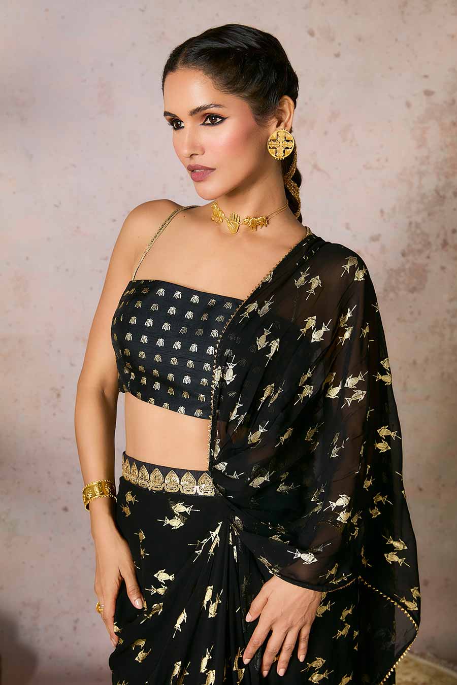Black Mystic Printed Pre-Draped Saree Set