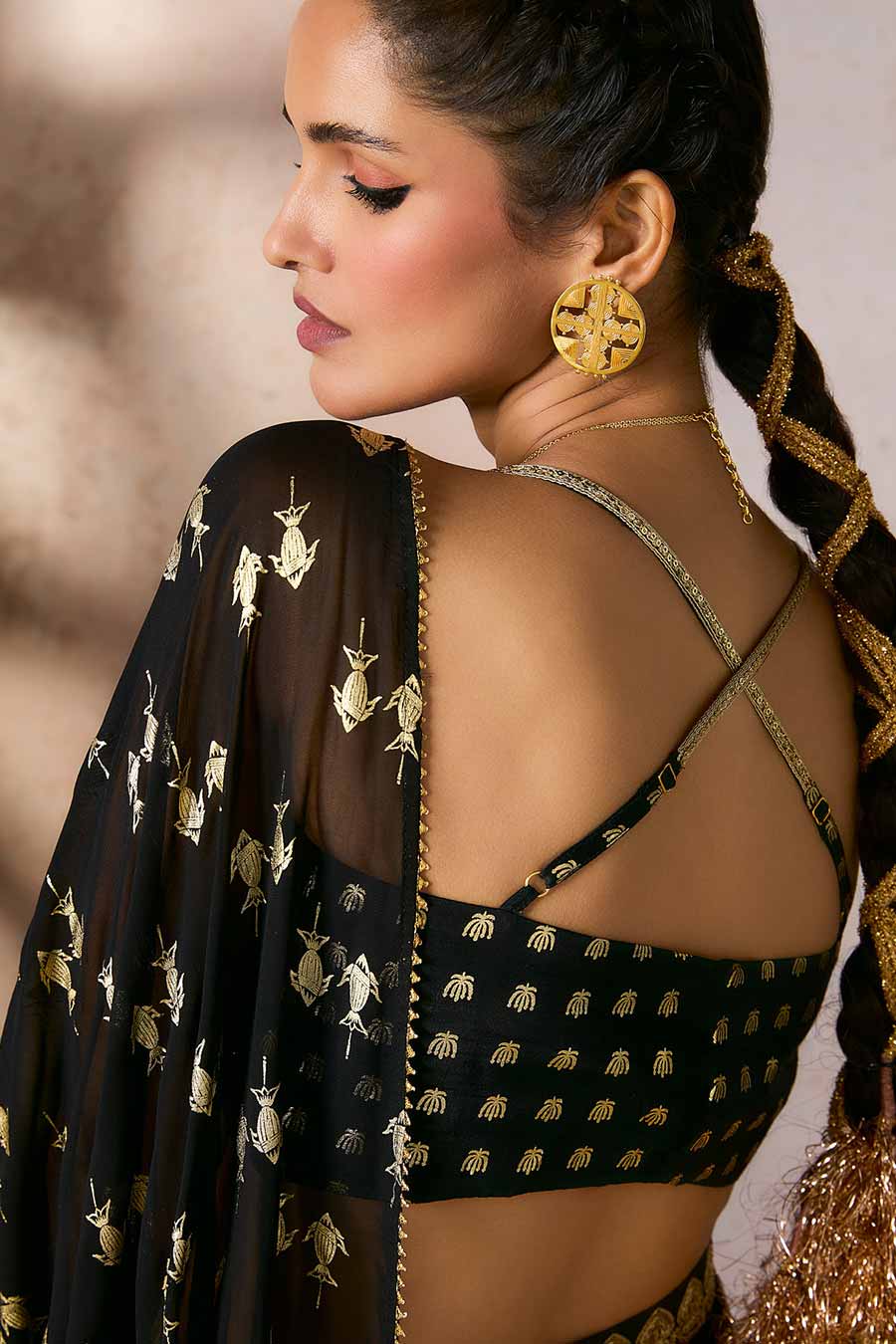 Black Mystic Printed Pre-Draped Saree Set