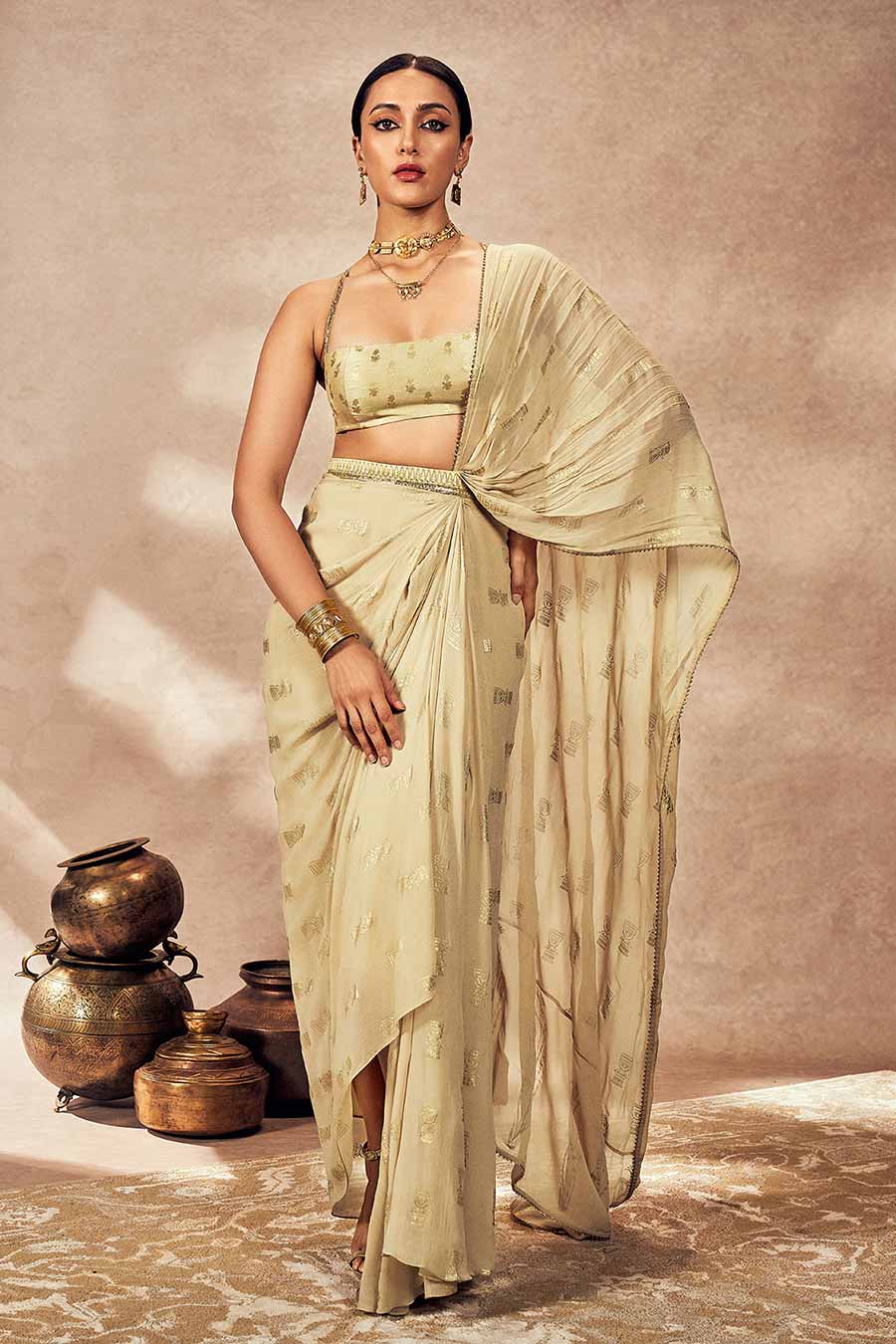 Beige Timber Tribe Printed Pre-Draped Saree Set