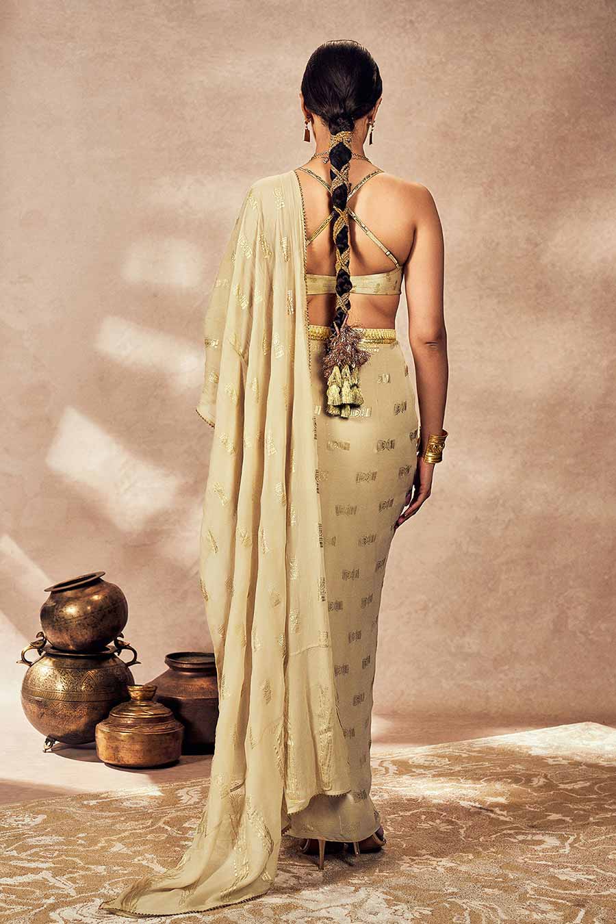 Beige Timber Tribe Printed Pre-Draped Saree Set