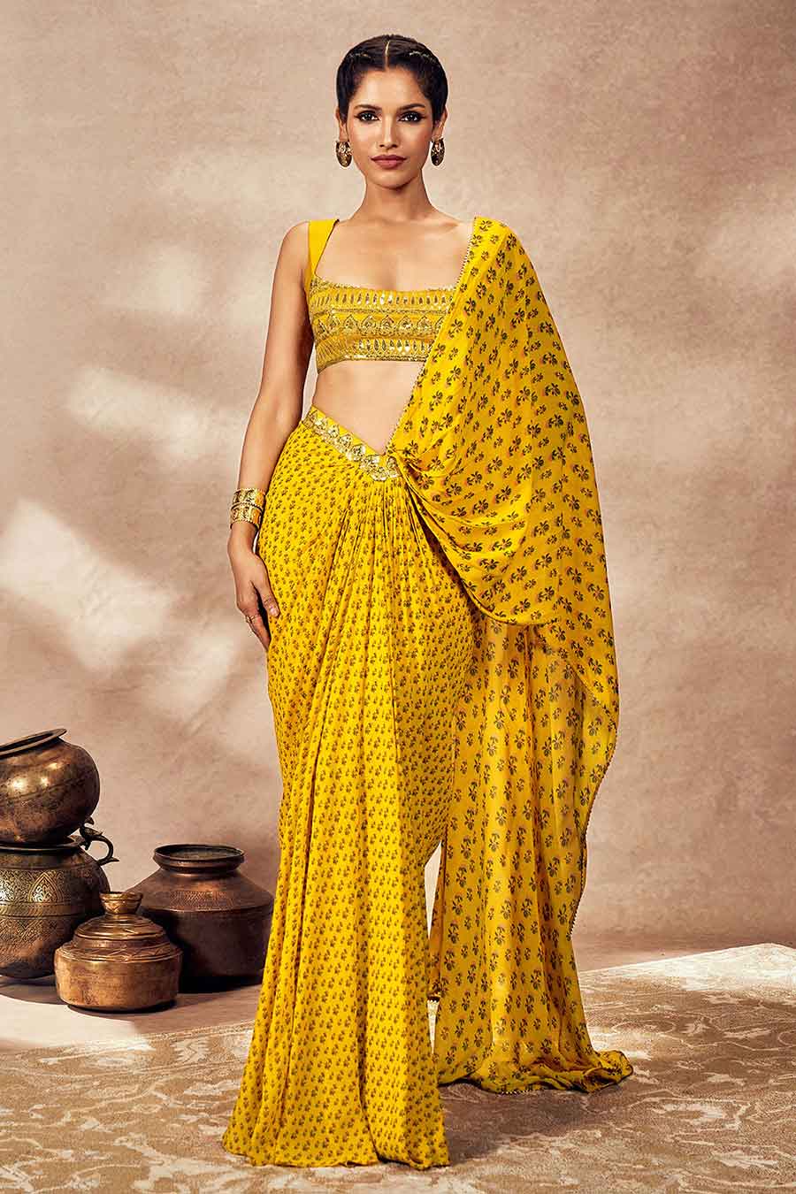 Yellow Pixie Dust Printed Pre-Draped Saree Set