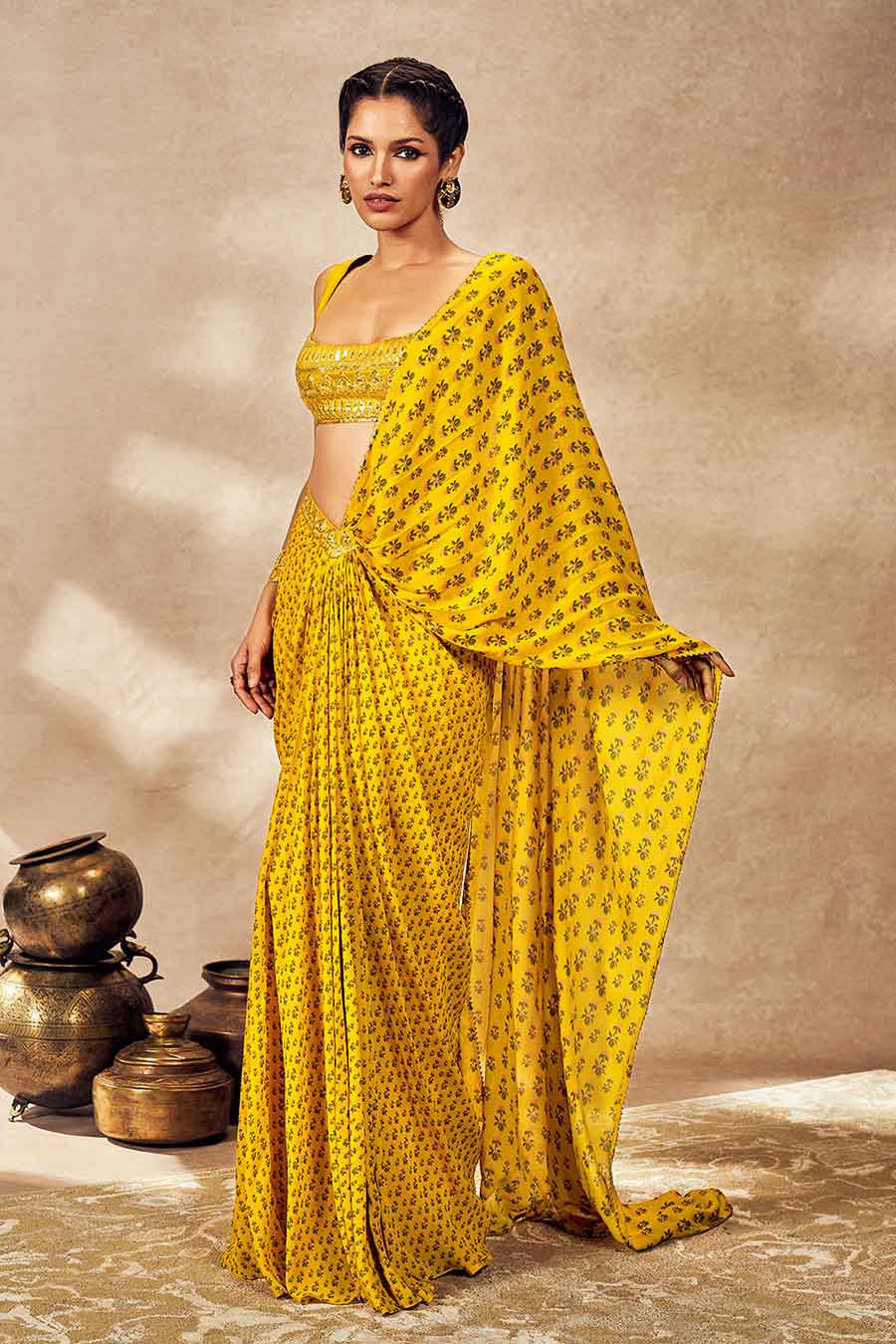 Yellow Pixie Dust Printed Pre-Draped Saree Set