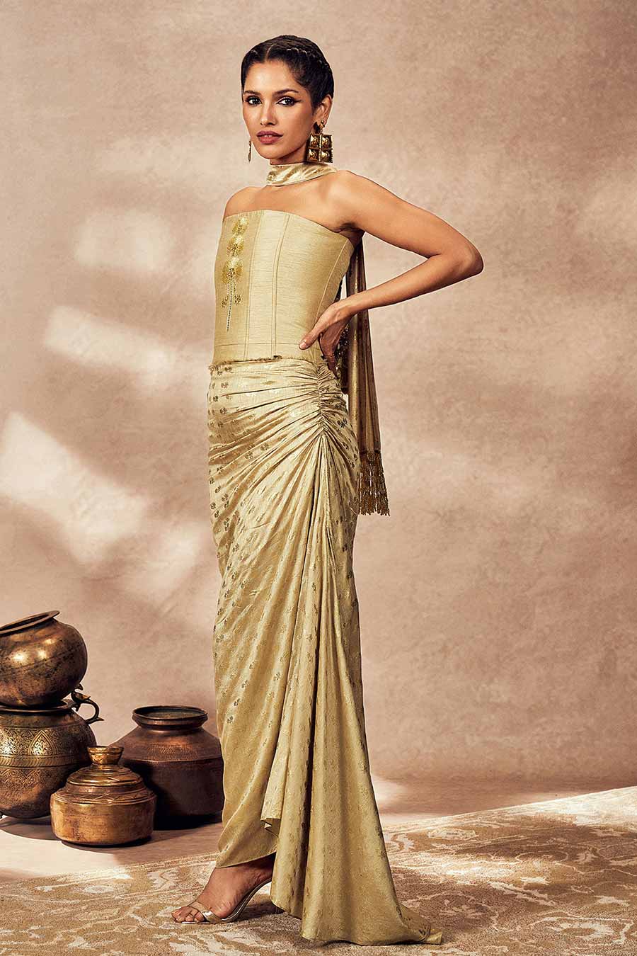 Beige Pixie Dust Printed Corset & Skirt Set