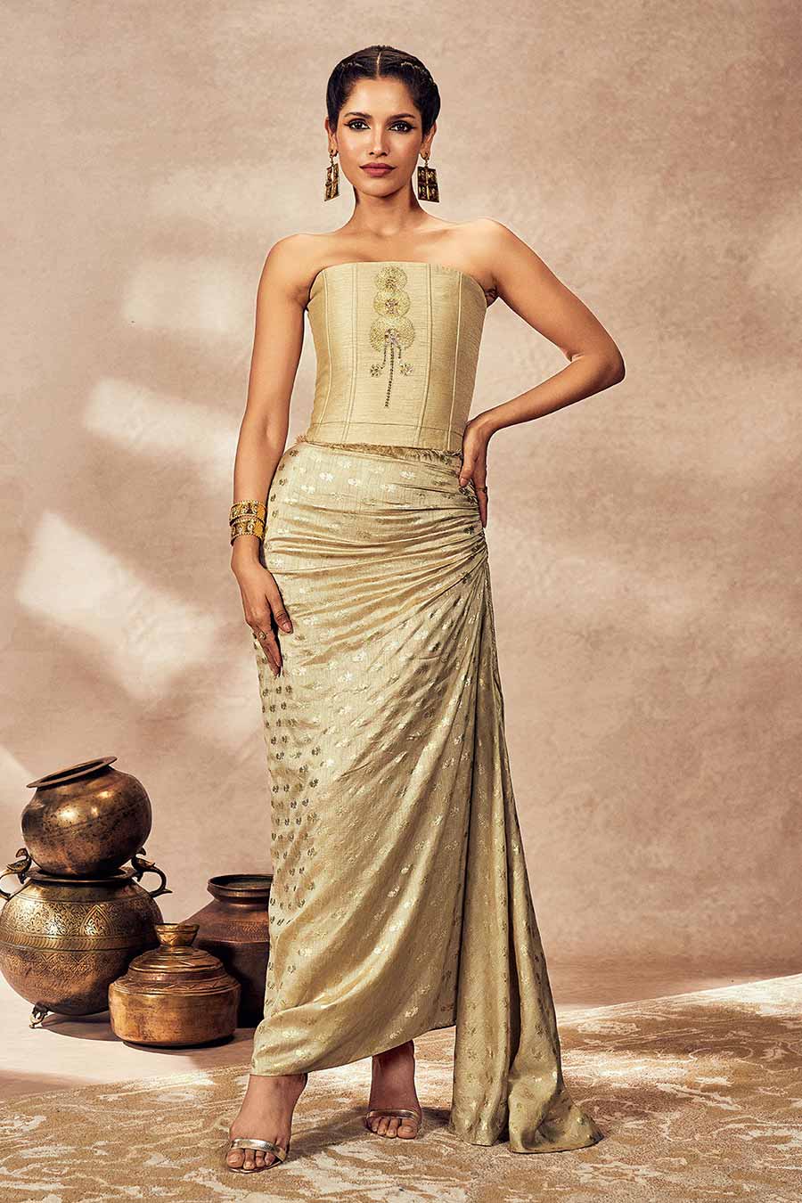 Beige Pixie Dust Printed Corset & Skirt Set