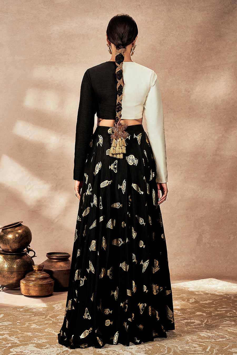 Black & Ivory Blouse With Potters Touch Printed Skirt Set