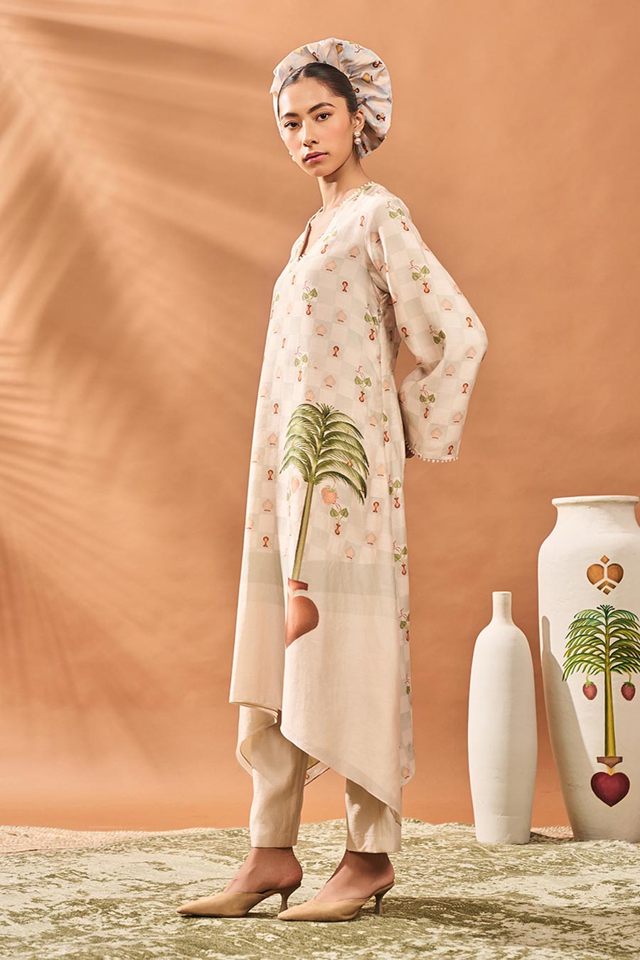 Ivory Checkers Bloom Kurta & Pant Set