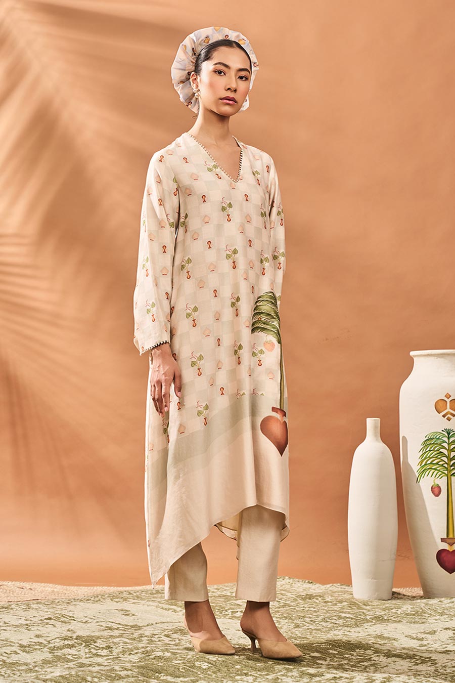 Ivory Checkers Bloom Kurta & Pant Set