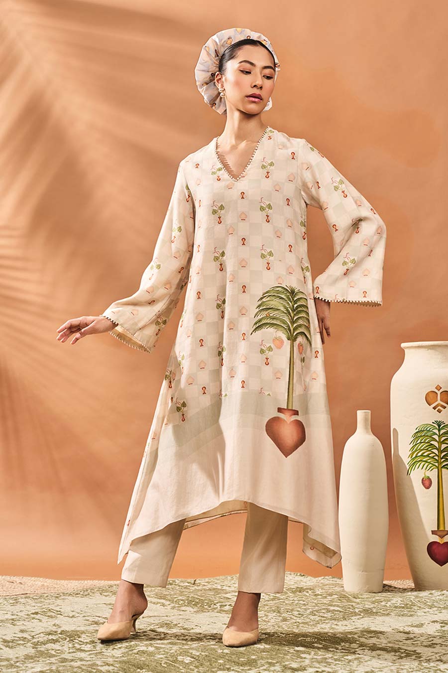 Ivory Checkers Bloom Kurta & Pant Set