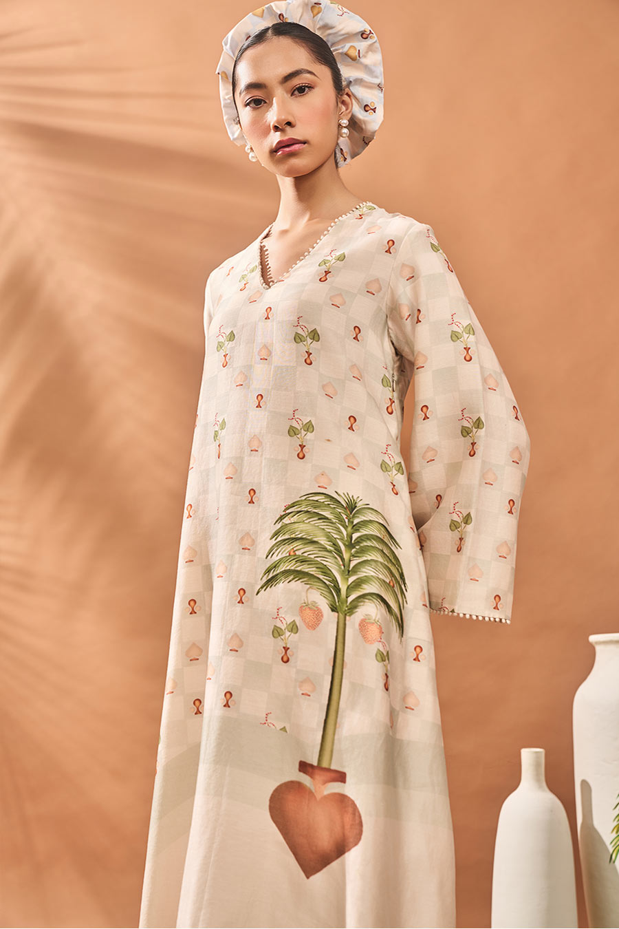 Ivory Checkers Bloom Kurta & Pant Set
