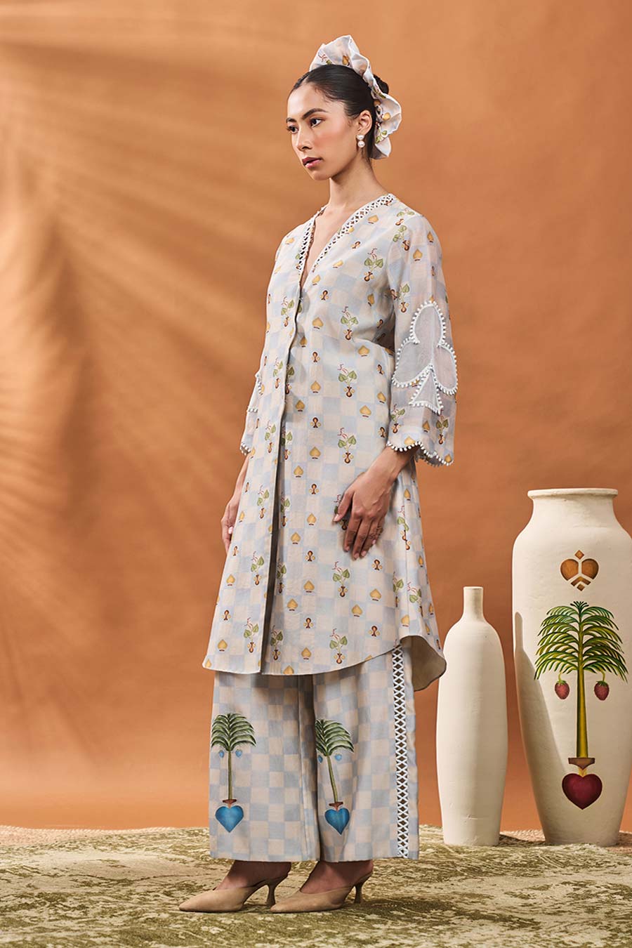 Powder Blue Checkers Bloom Tunic & Pant Set