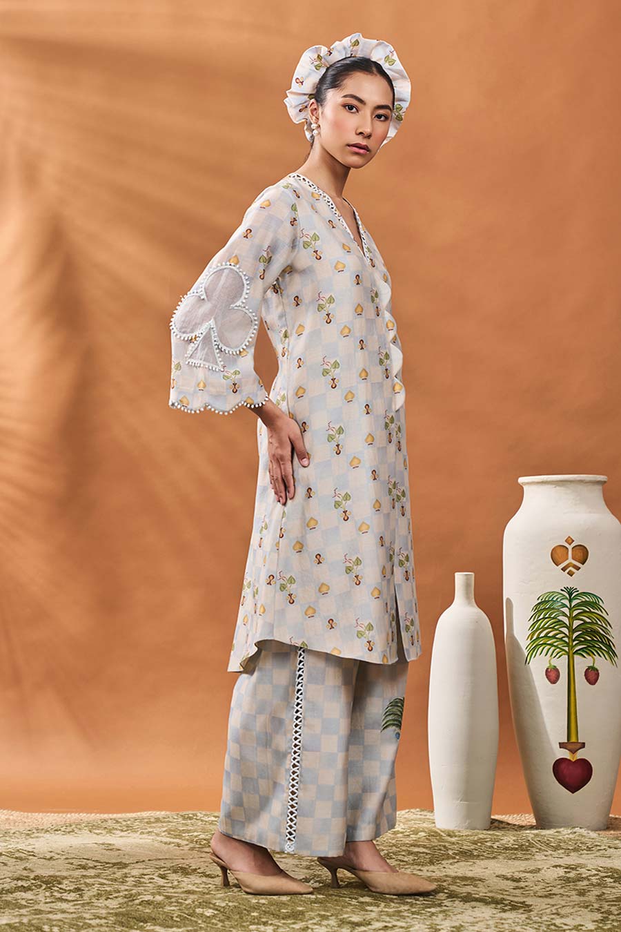 Powder Blue Checkers Bloom Tunic & Pant Set