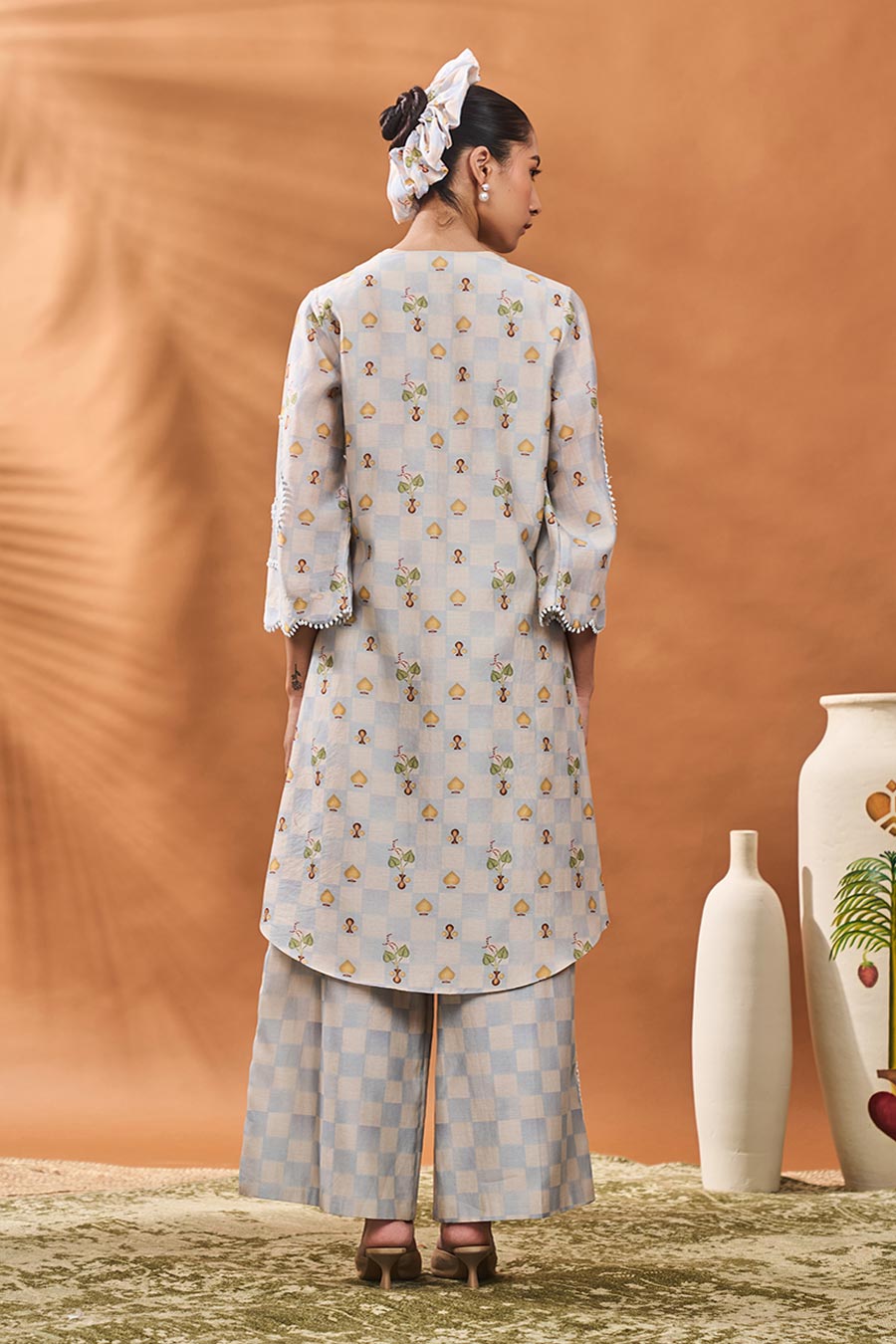 Powder Blue Checkers Bloom Tunic & Pant Set