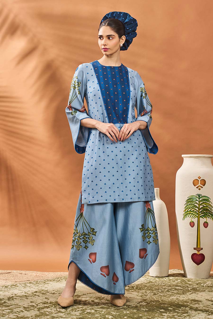Powder Blue Spade Blossom Tunic & Pant Set