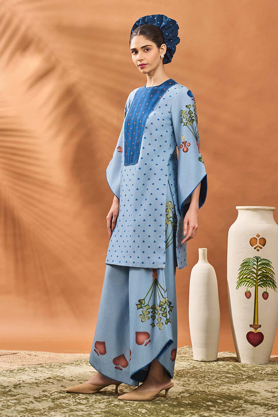 Powder Blue Spade Blossom Tunic & Pant Set