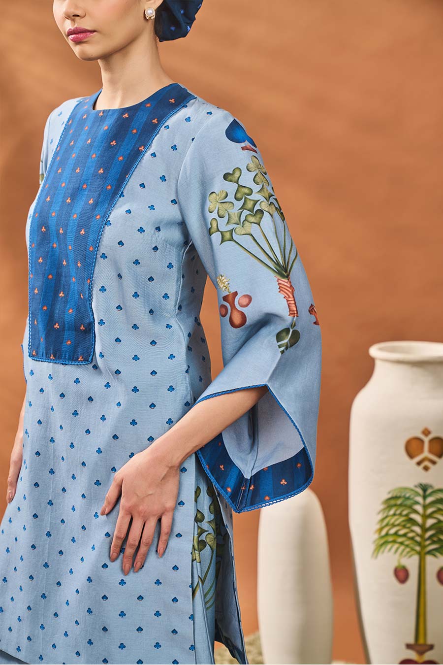 Powder Blue Spade Blossom Tunic & Pant Set