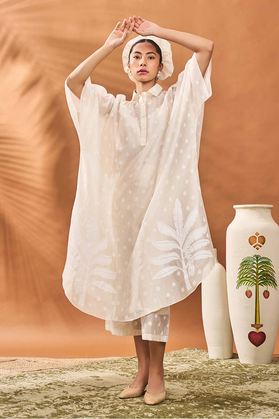 Ivory Trellis Palm Kaftan & Pant Set