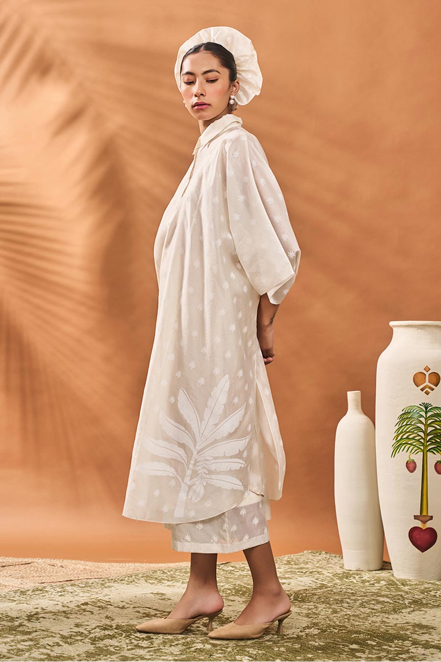 Ivory Trellis Palm Kaftan & Pant Set