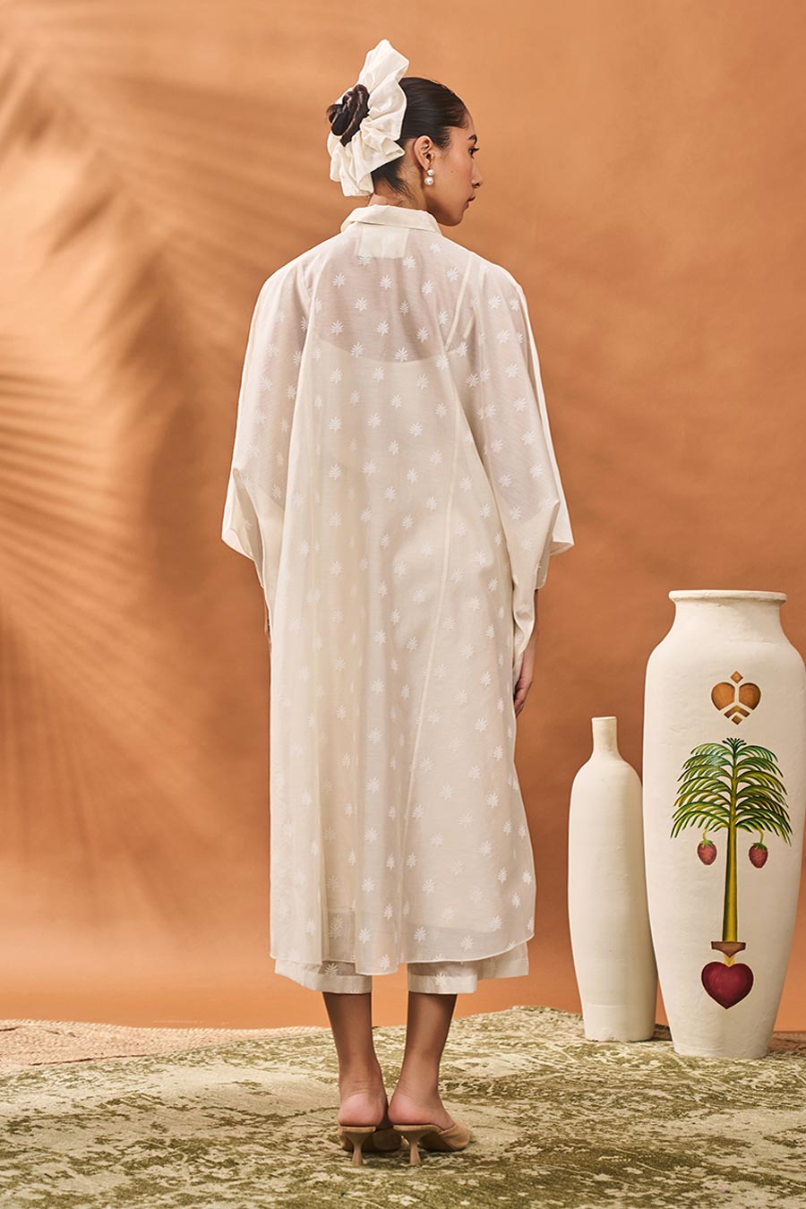 Ivory Trellis Palm Kaftan & Pant Set