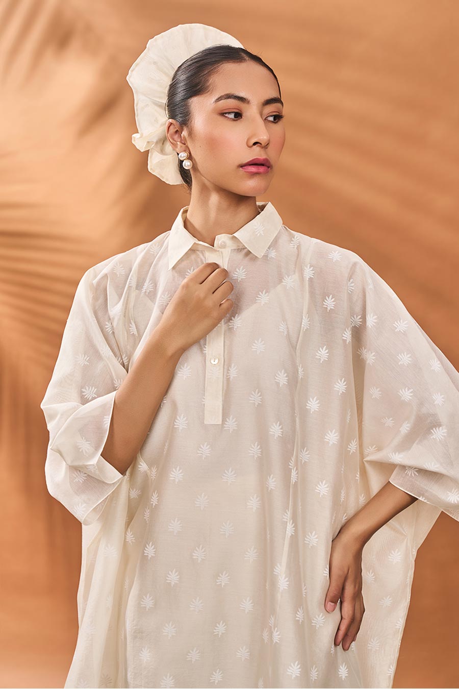Ivory Trellis Palm Kaftan & Pant Set