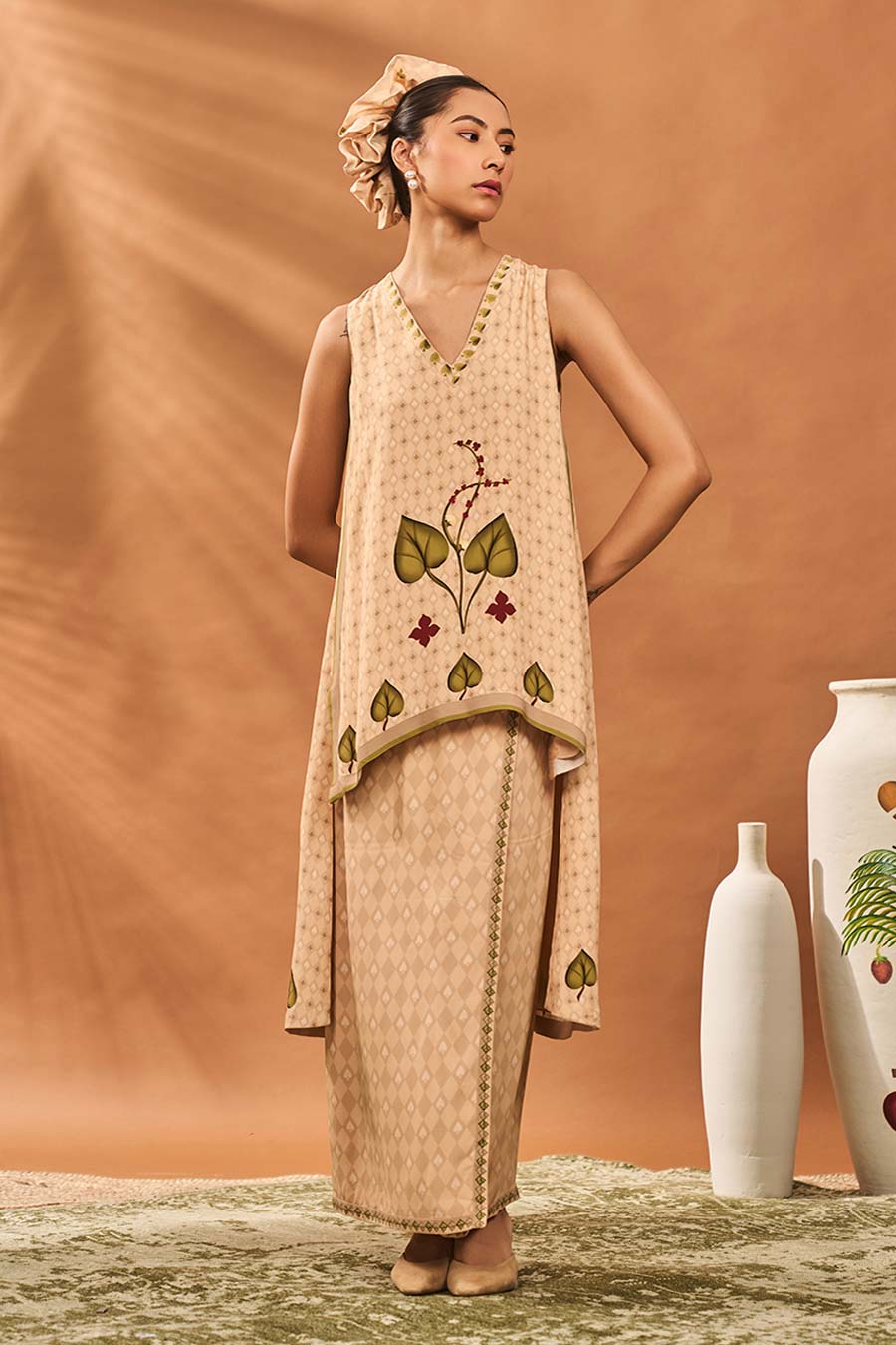 Beige Clover Checks Top & Skirt Fusion Set