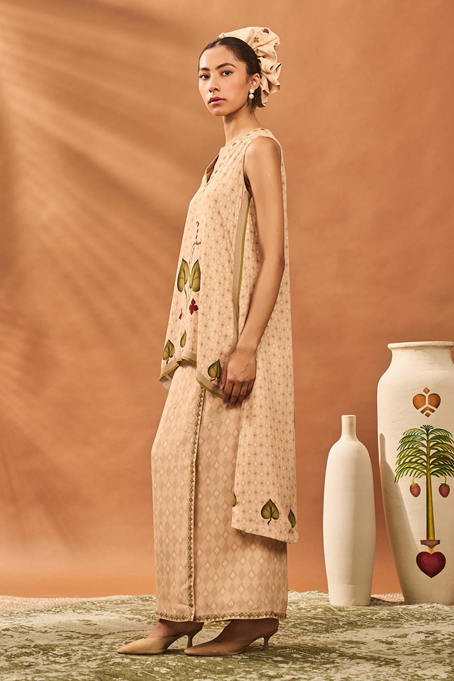 Beige Clover Checks Top & Skirt Fusion Set