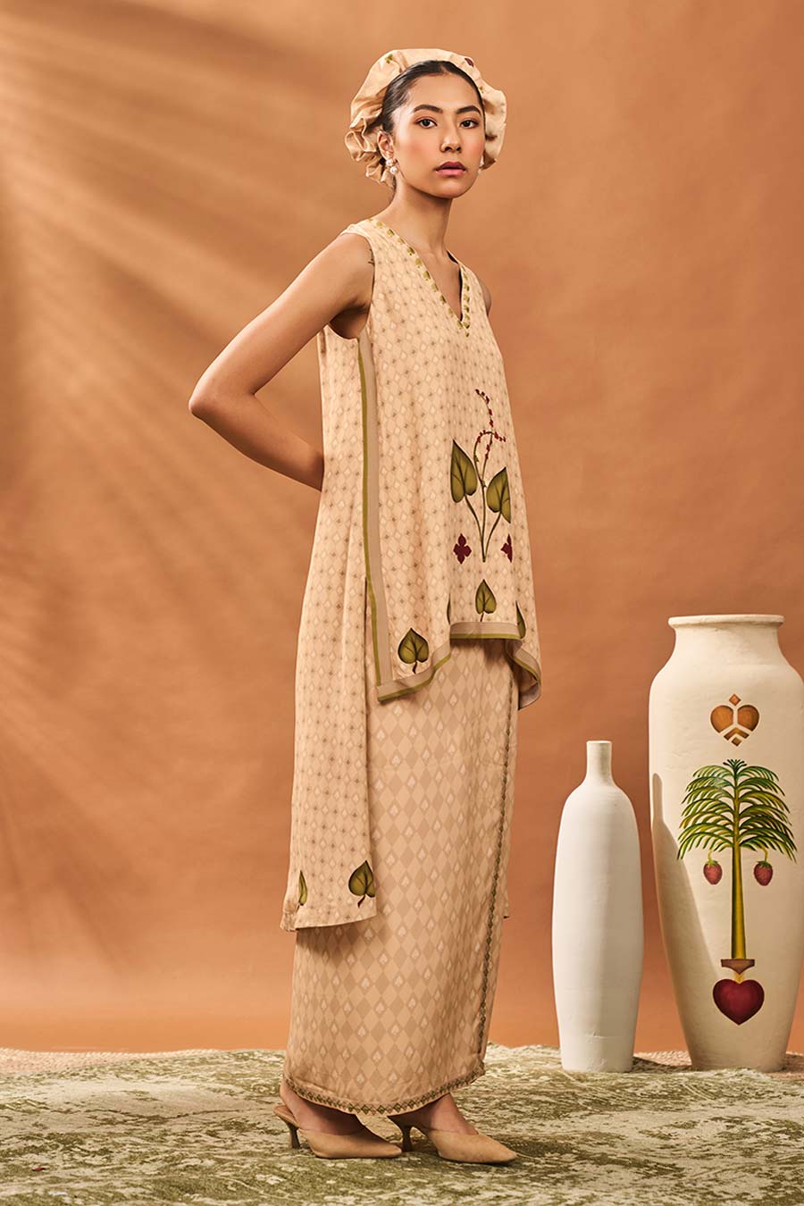 Beige Clover Checks Top & Skirt Fusion Set