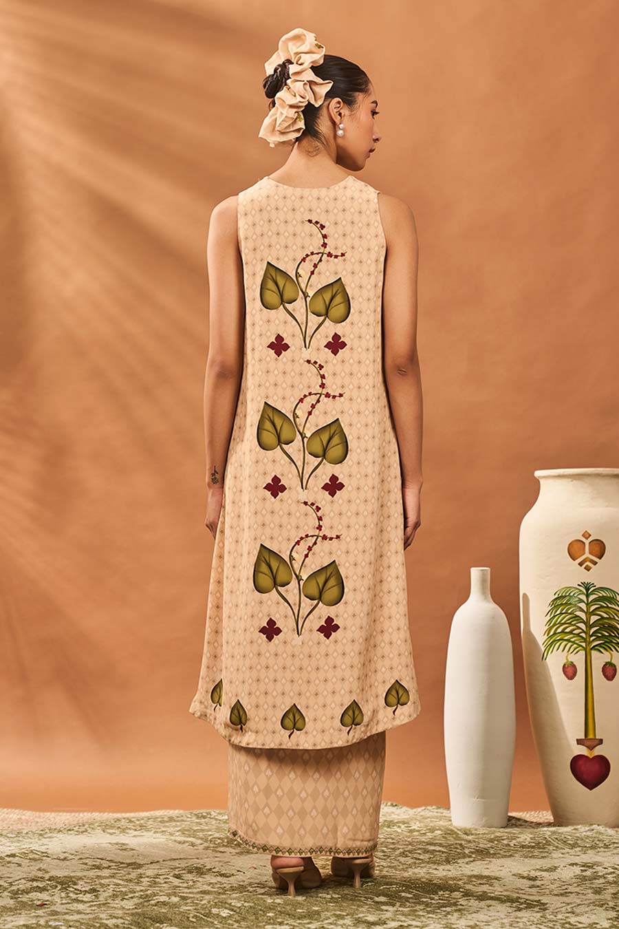 Beige Clover Checks Top & Skirt Fusion Set