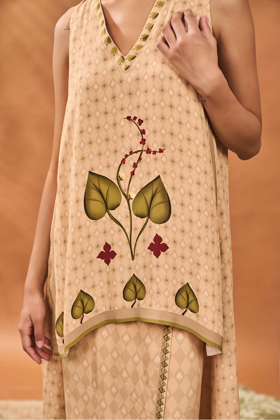 Beige Clover Checks Top & Skirt Fusion Set
