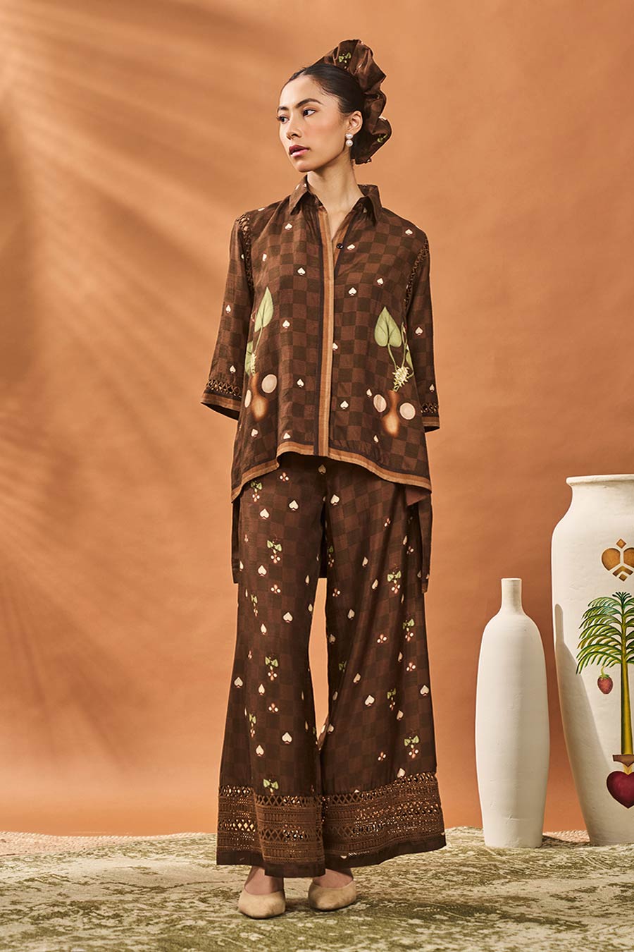 Brown Checkers Bloom Shirt & Pant Co-Ord Set