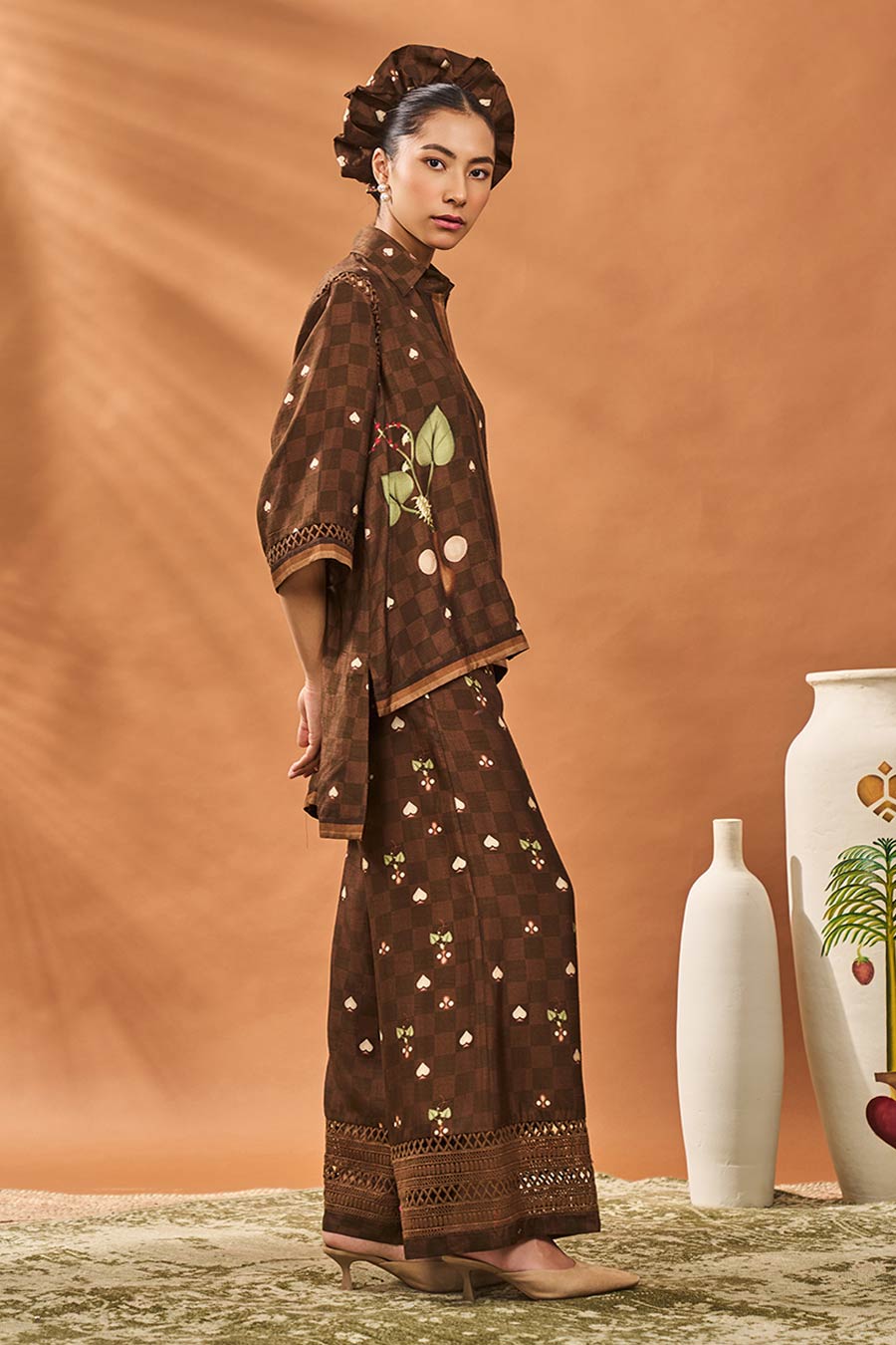 Brown Checkers Bloom Shirt & Pant Co-Ord Set