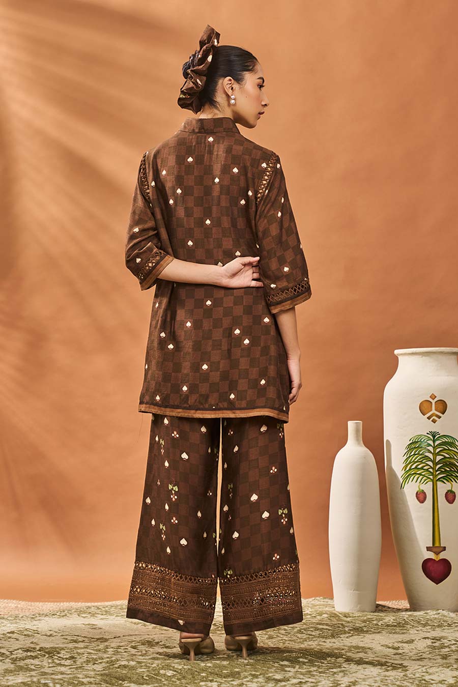 Brown Checkers Bloom Shirt & Pant Co-Ord Set