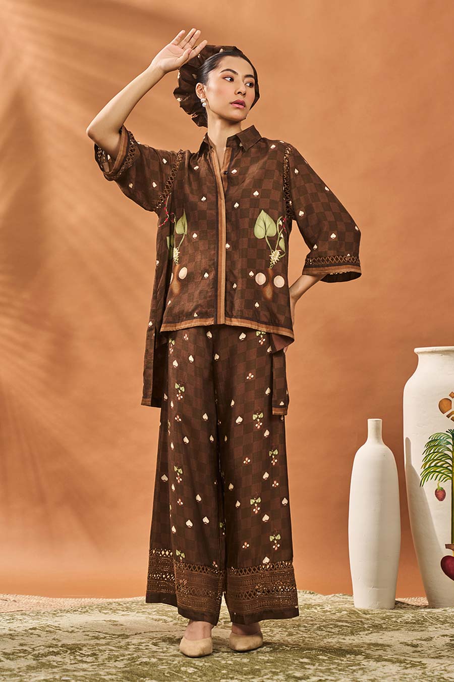 Brown Checkers Bloom Shirt & Pant Co-Ord Set
