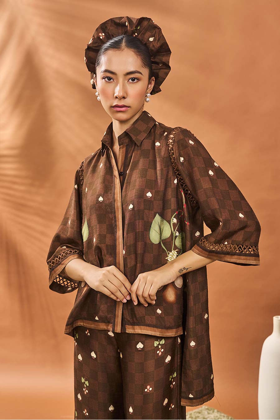 Brown Checkers Bloom Shirt & Pant Co-Ord Set
