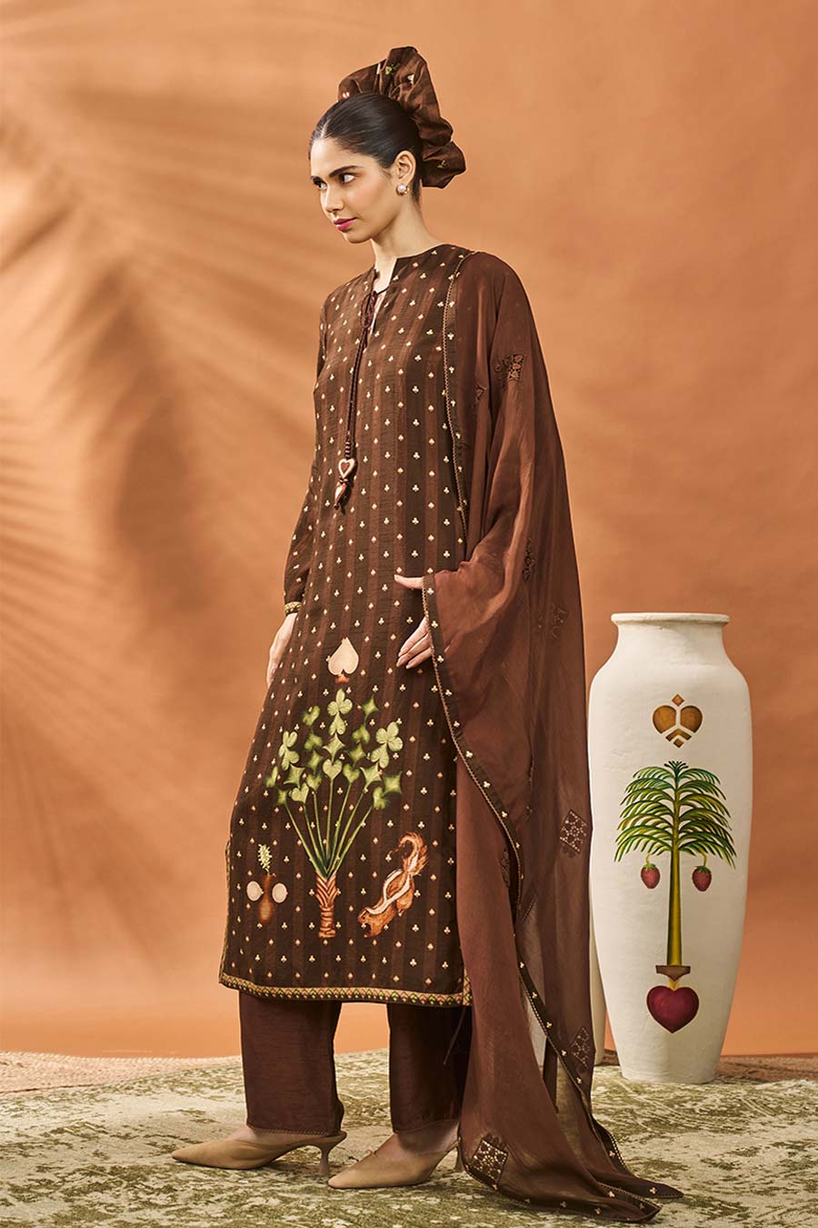 Brown Striped All Fours Long Kurta Set