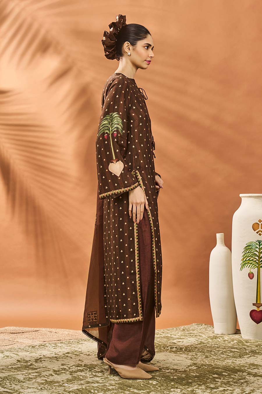 Brown Striped All Fours Long Kurta Set