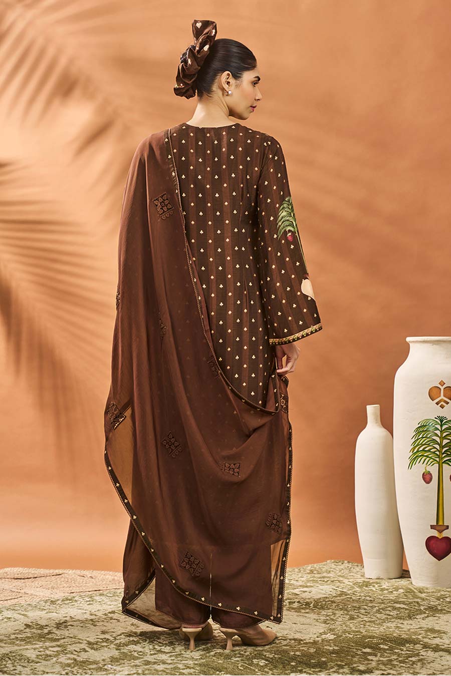 Brown Striped All Fours Long Kurta Set
