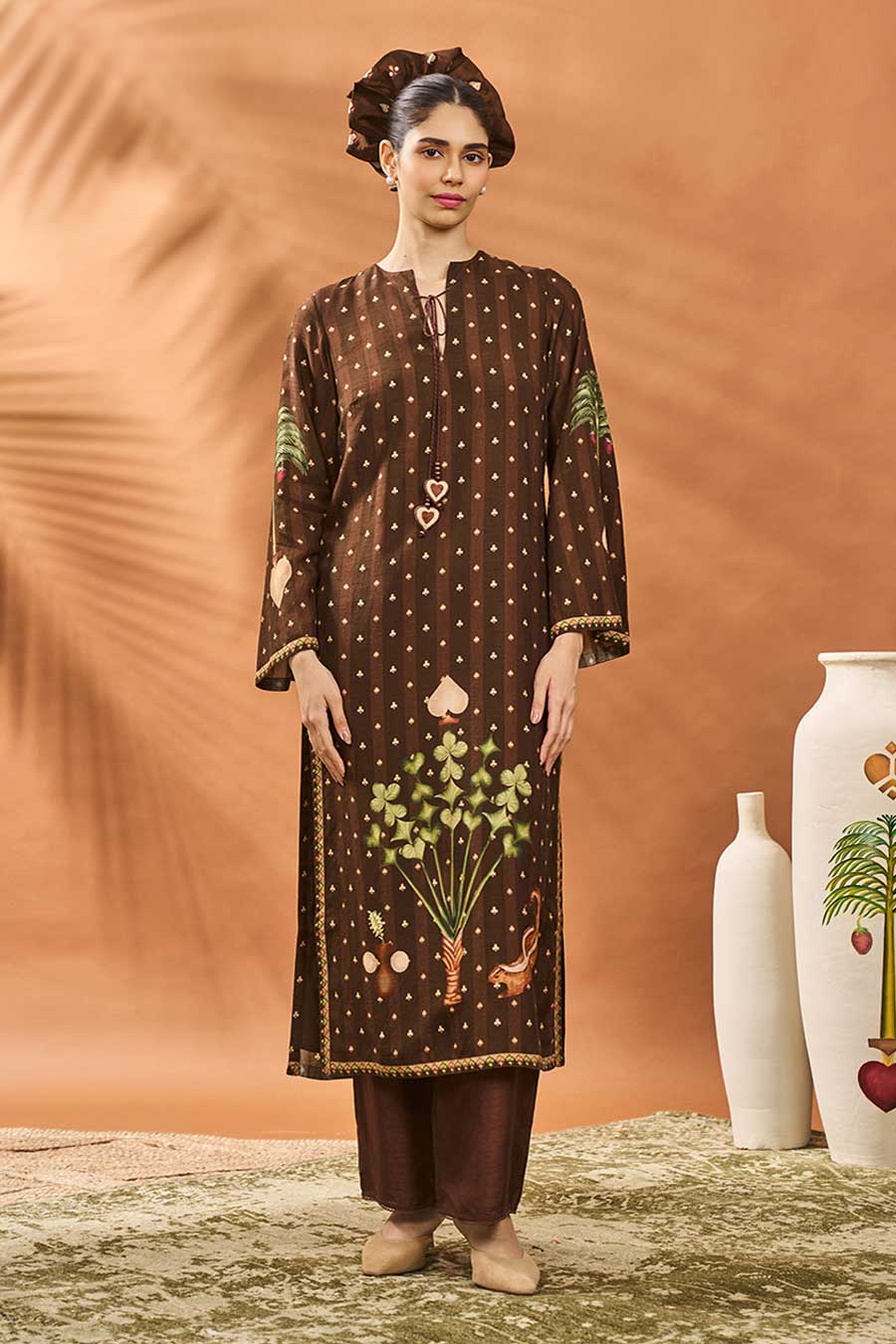 Brown Striped All Fours Long Kurta Set
