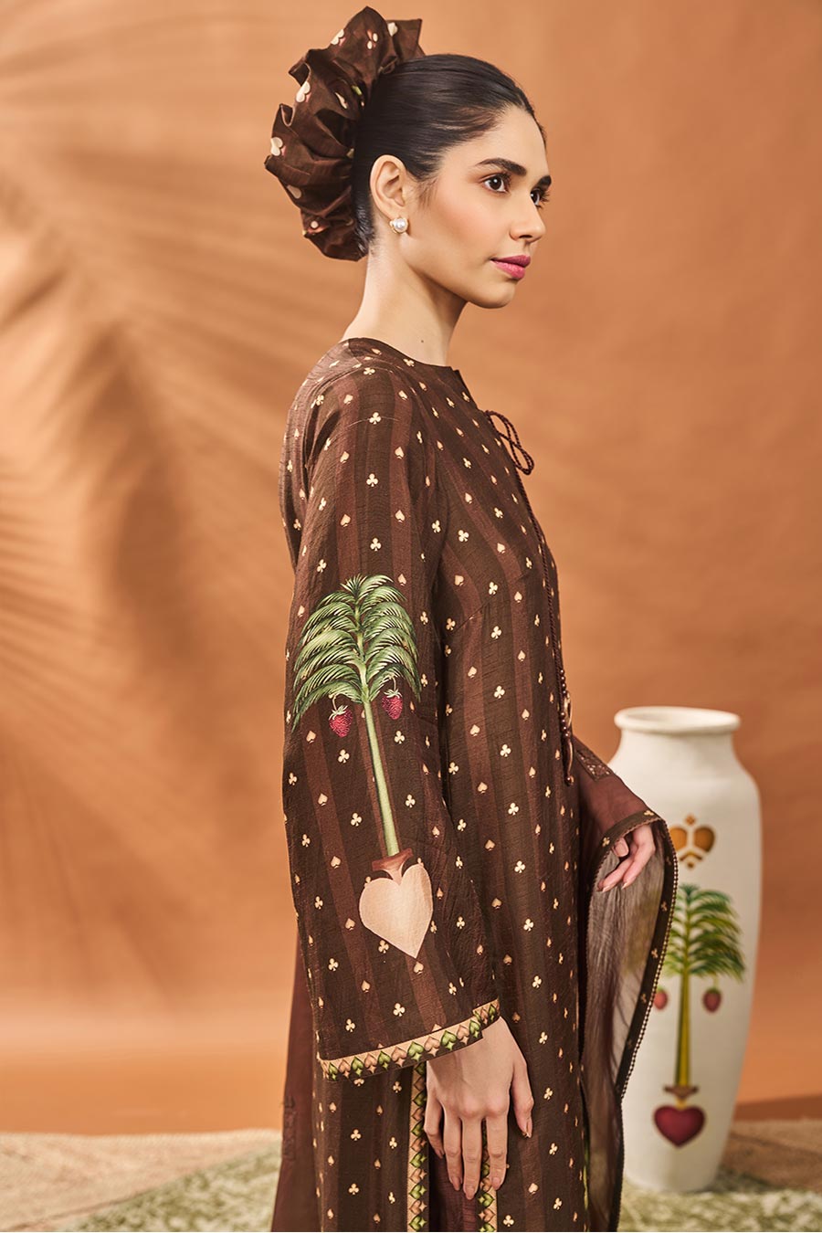 Brown Striped All Fours Long Kurta Set