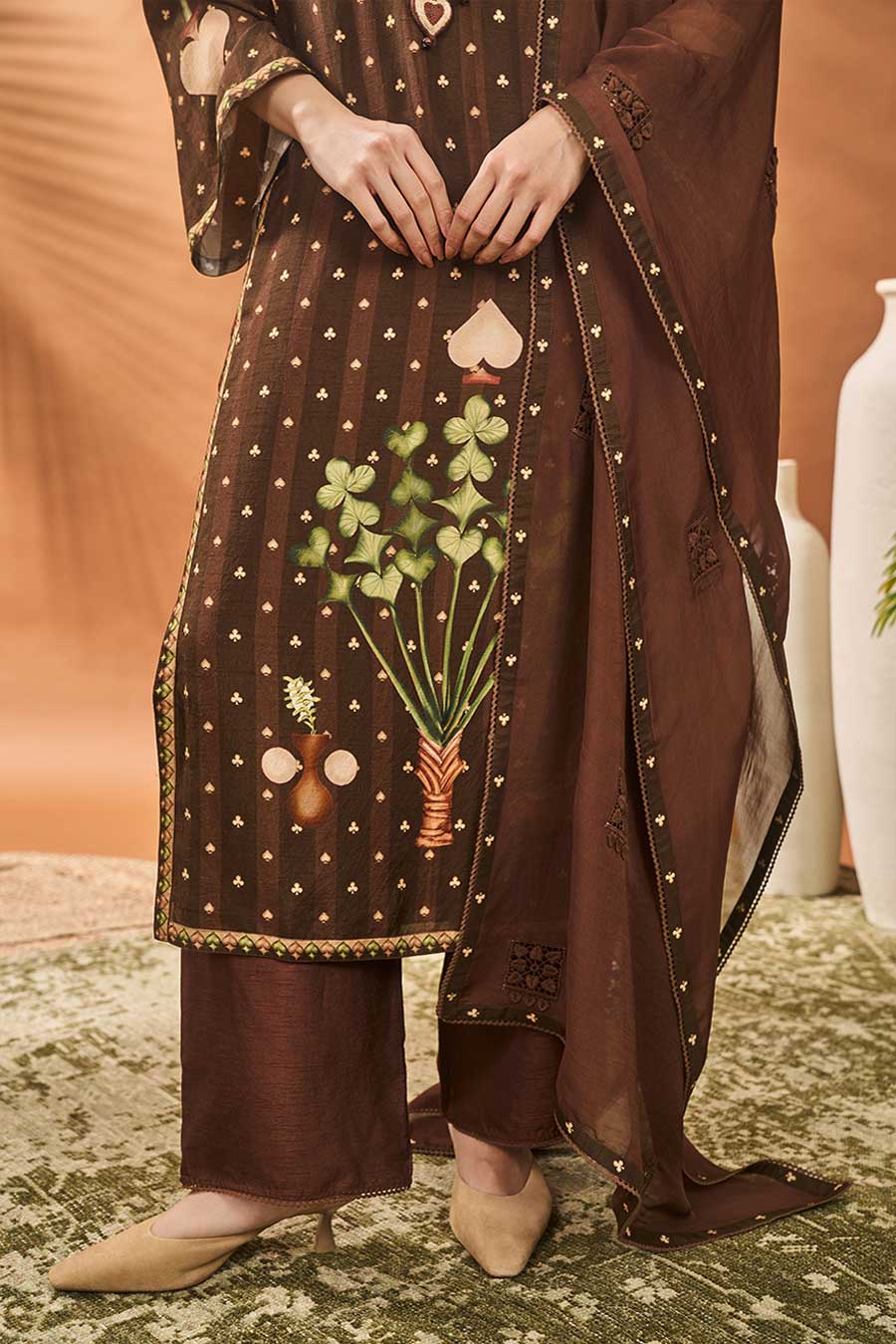 Brown Striped All Fours Long Kurta Set