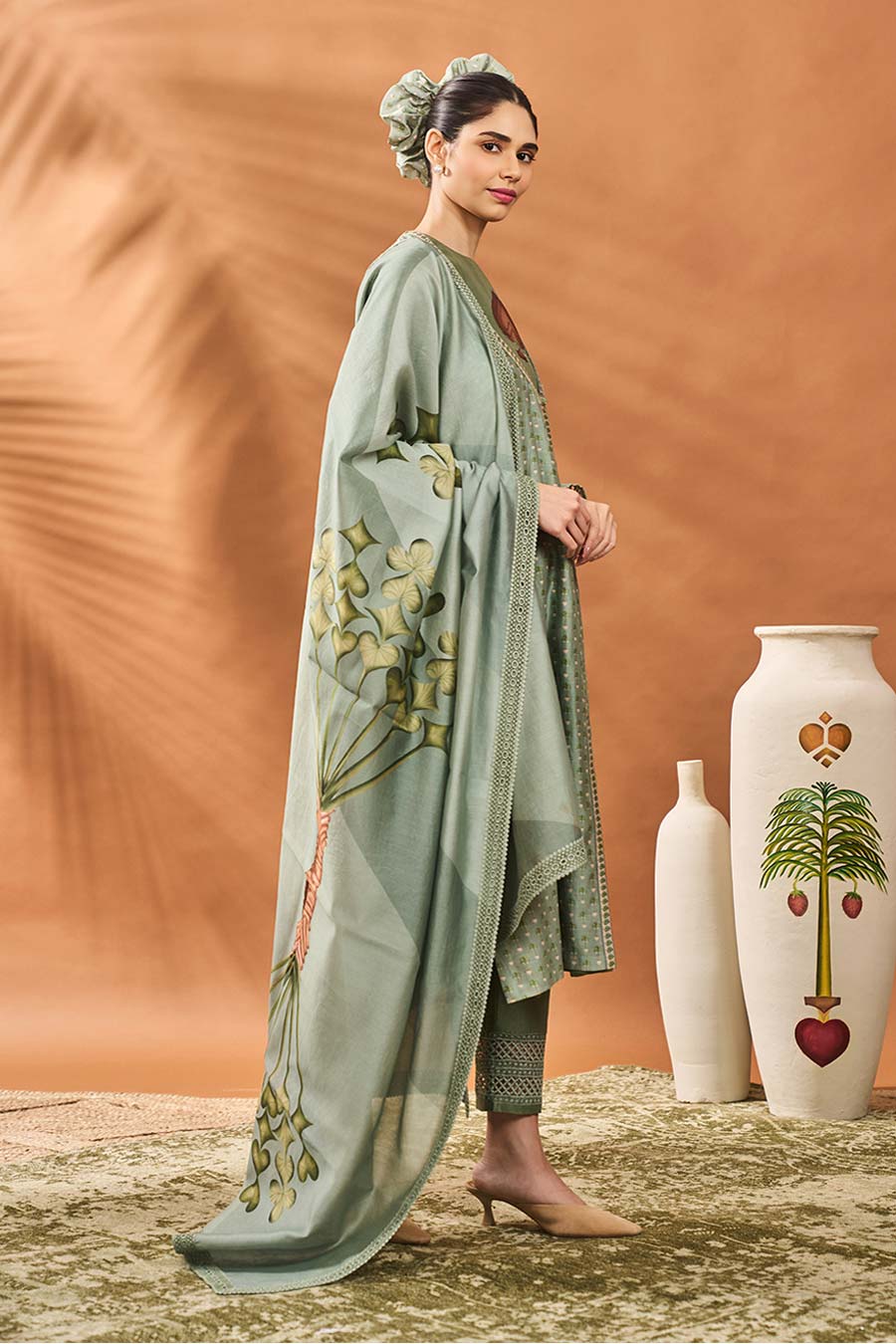 Sage Green Tree Of Hearts Angrakha Kurta Set